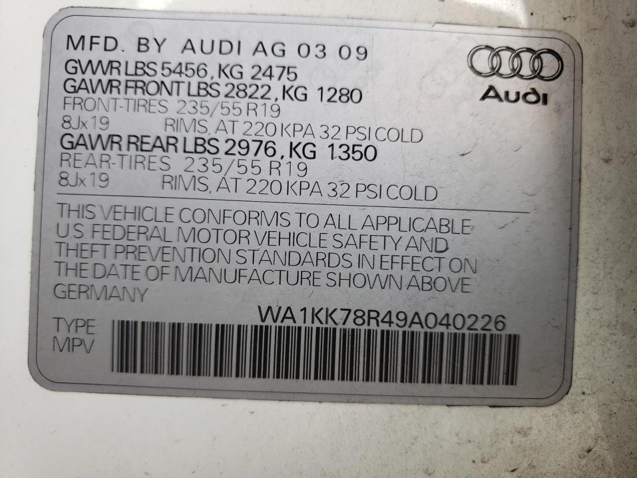 Photo 10 from auction – 2009 AUDI Q5 3.2 with VIN WA1KK78R49A040226