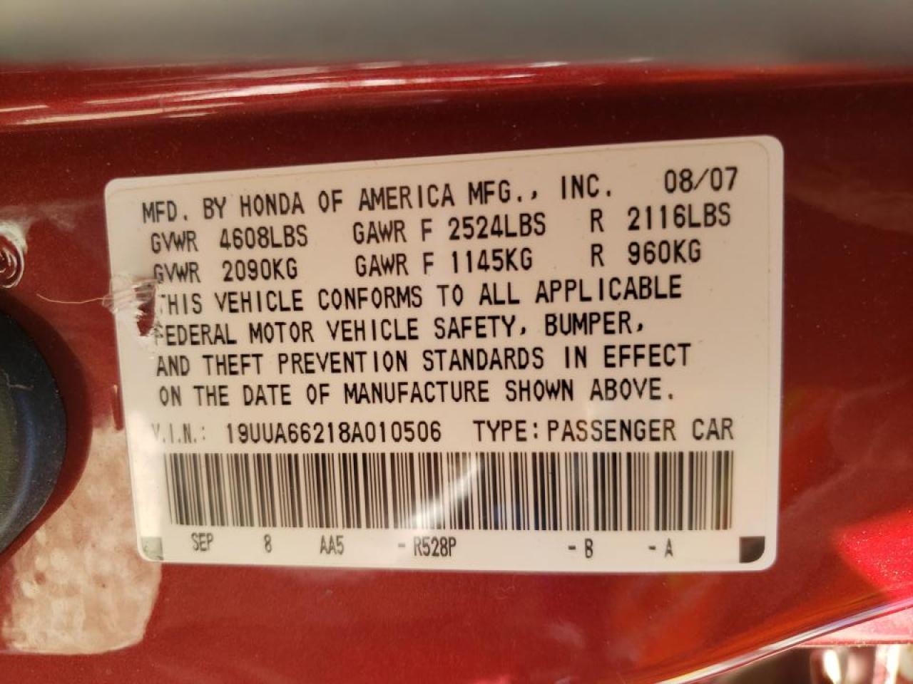 Photo 10 from auction – 2008 ACURA TL with VIN 19UUA66218A010506