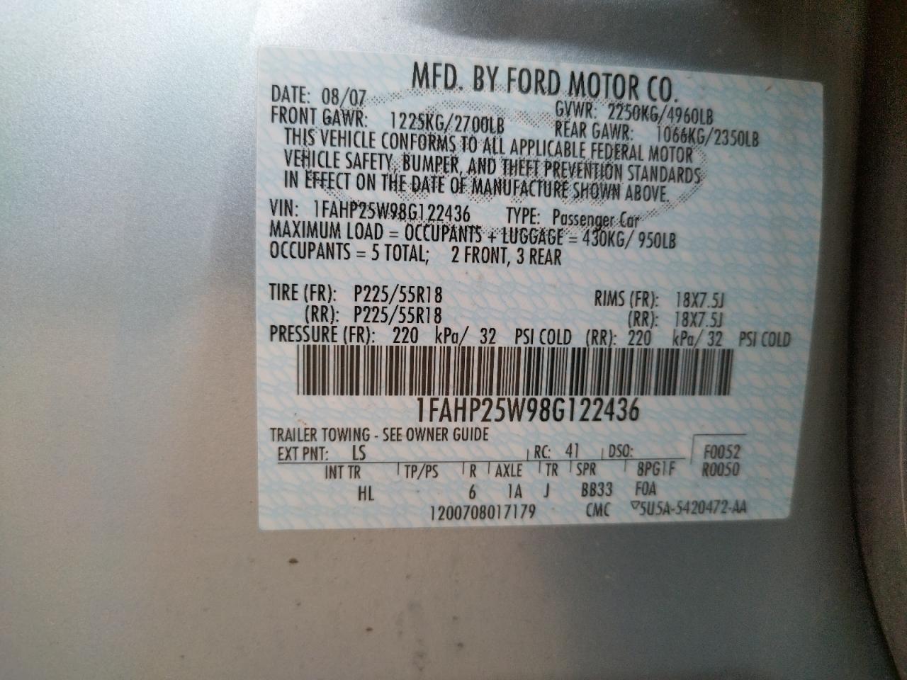 Photo 10 from auction – 2008 FORD TAURUS LIM with VIN 1FAHP25W98G122436