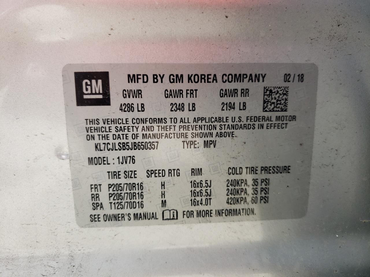 Photo 10 from auction – 2018 CHEVROLET TRAX 1LT with VIN KL7CJLSB5JB650357