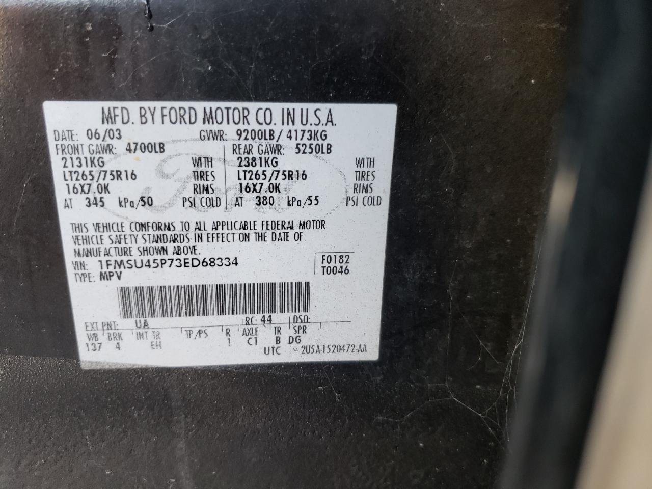 Photo 10 from auction – 2003 FORD EXCURSION with VIN 1FMSU45P73ED68334