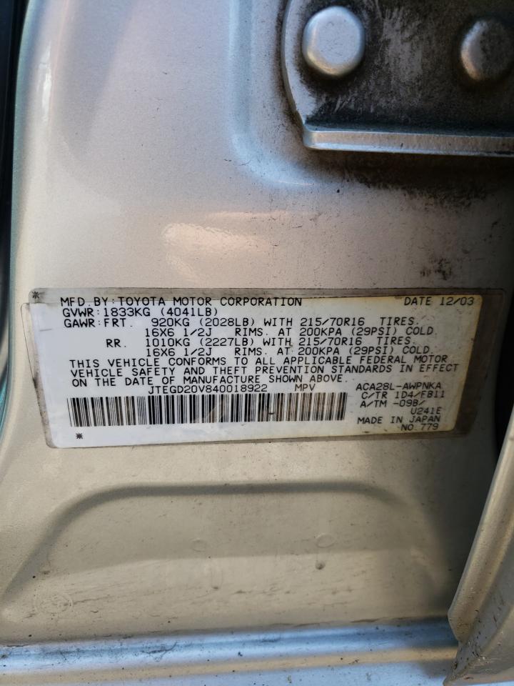 Photo 10 from auction – 2004 TOYOTA RAV4 with VIN JTEGD20V840018922