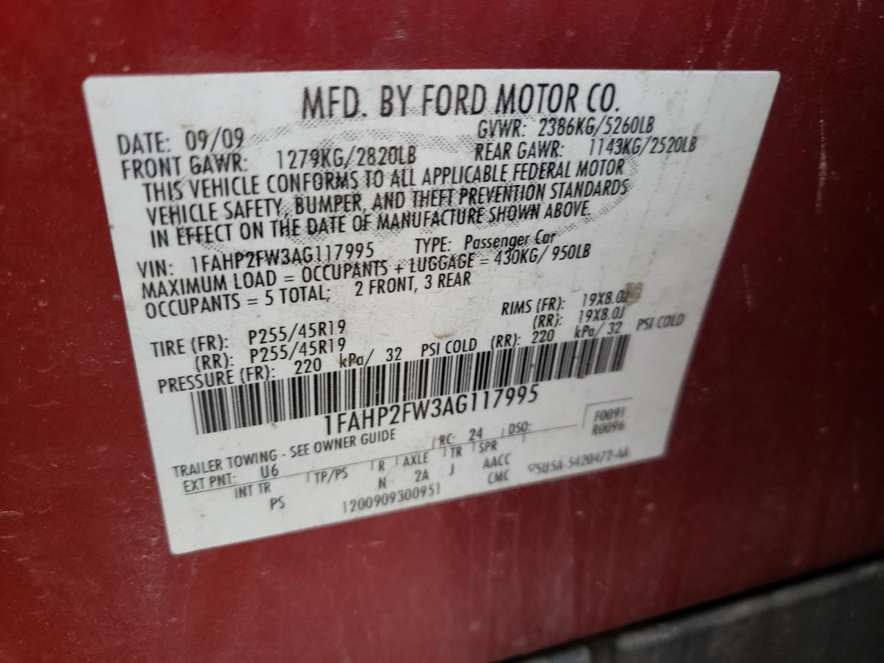 Zdjęcie 11 z aukcji – 2010 FORD TAURUS LIM z VIN 1FAHP2FW3AG117995