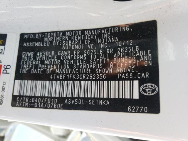 Photo 10 from auction – 2012 TOYOTA CAMRY BASE with VIN 4T4BF1FK3CR262356