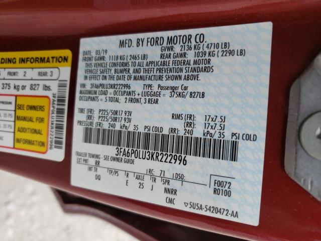Photo 10 from auction – 2019 FORD FUSION SE with VIN 3FA6P0LU3KR222996