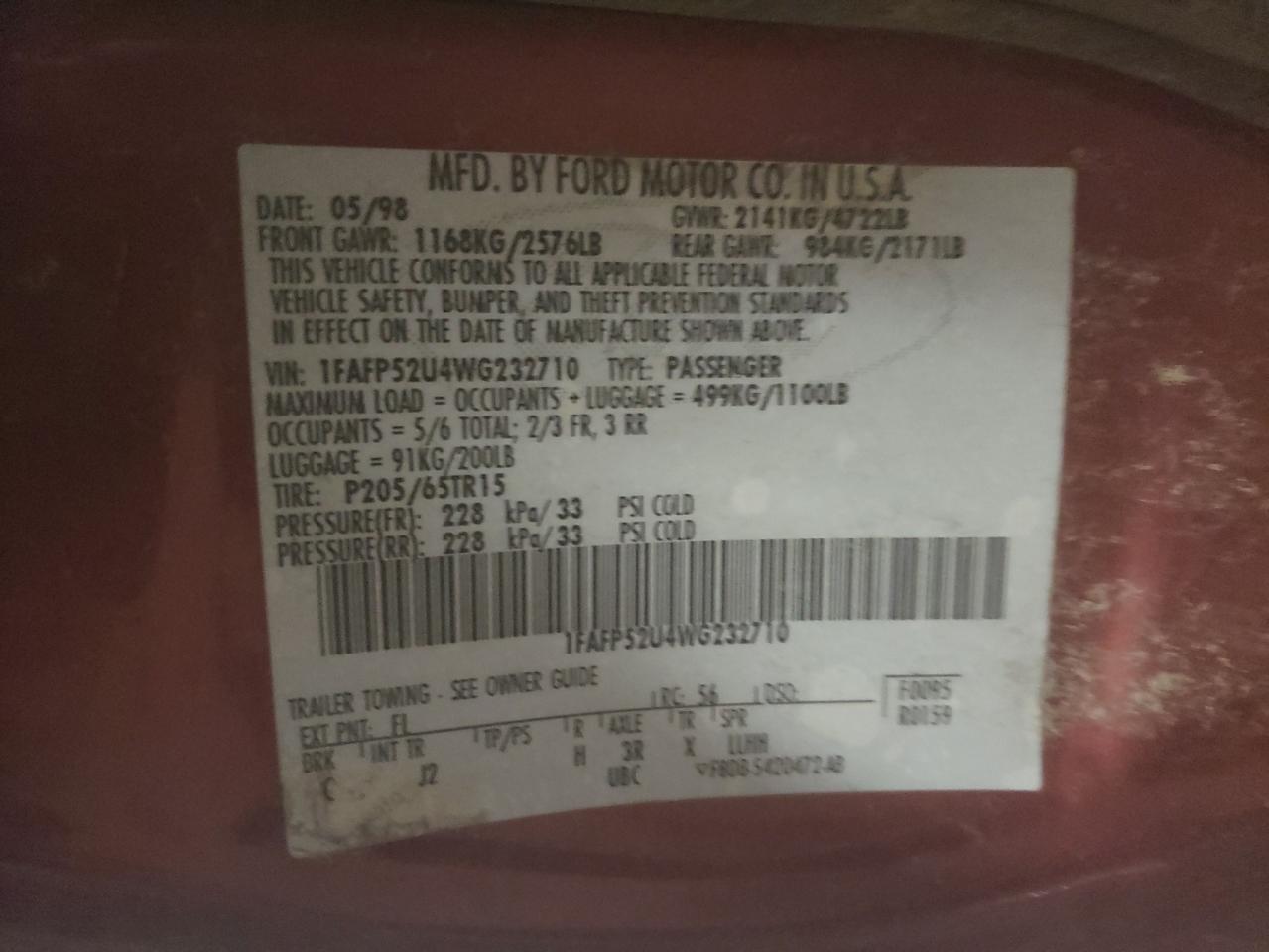 Photo 10 from auction – 1998 FORD TAURUS LX with VIN 1FAFP52U4WG232710