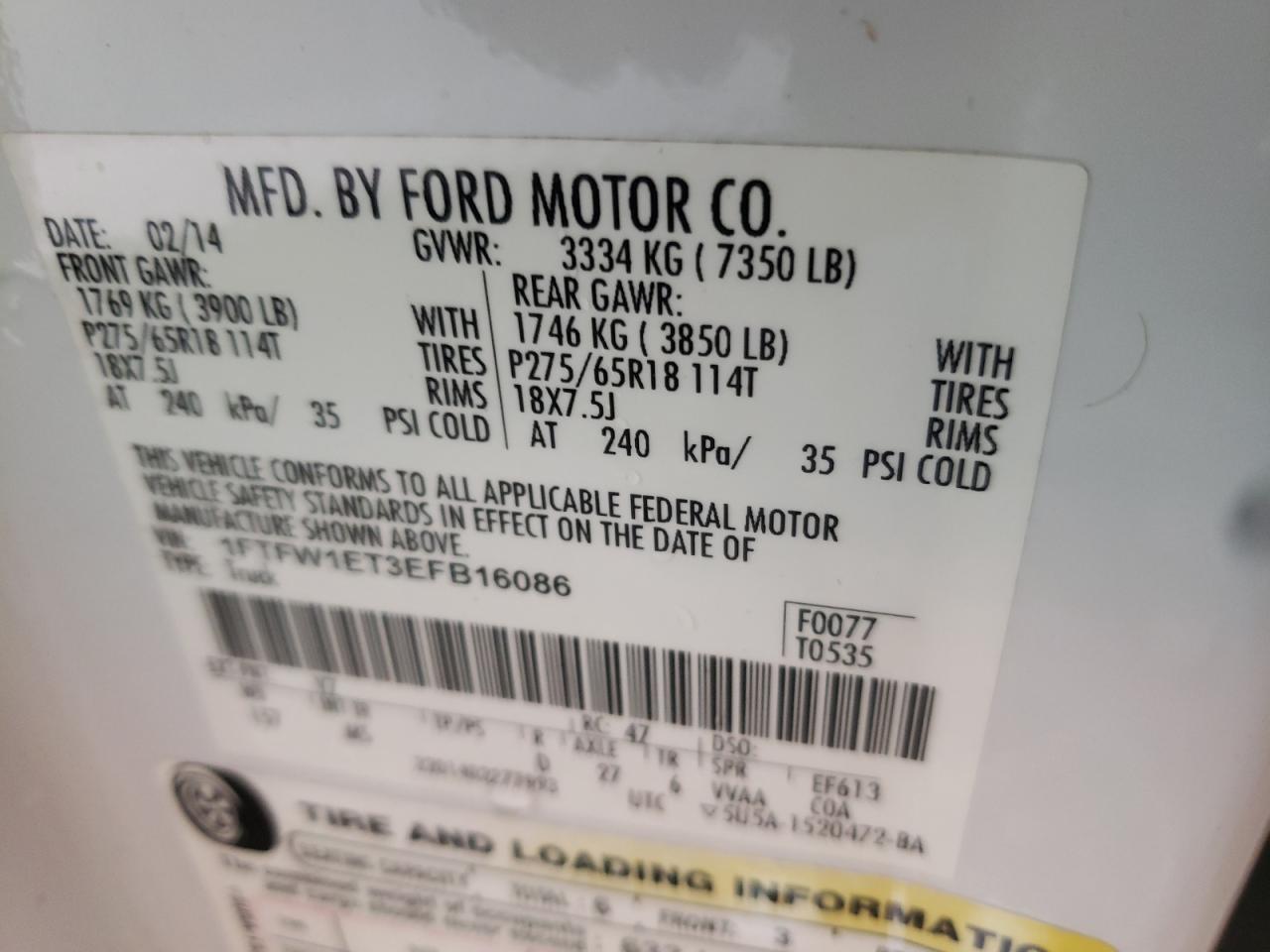 Photo 10 from auction – 2014 FORD F150 SUPER with VIN 1FTFW1ET3EFB16086