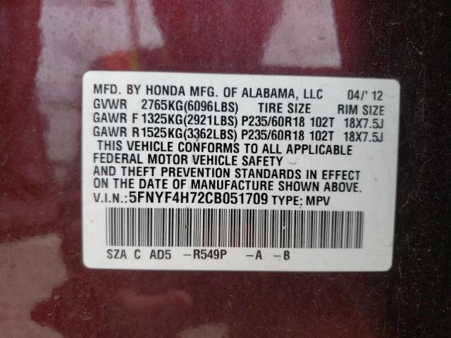 Photo 10 from auction – 2012 HONDA PILOT EXLN with VIN 5FNYF4H72CB051709