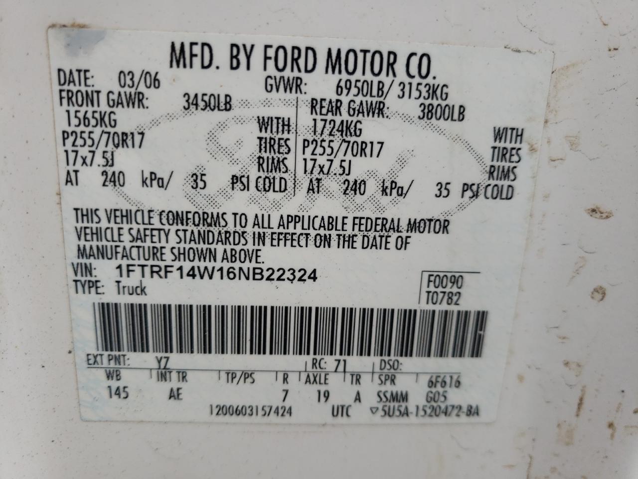 Photo 10 from auction – 2006 FORD F150 with VIN 1FTRF14W16NB22324