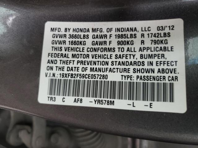 Photo 10 from auction – 2012 HONDA CIVIC LX with VIN 19XFB2F59CE057280
