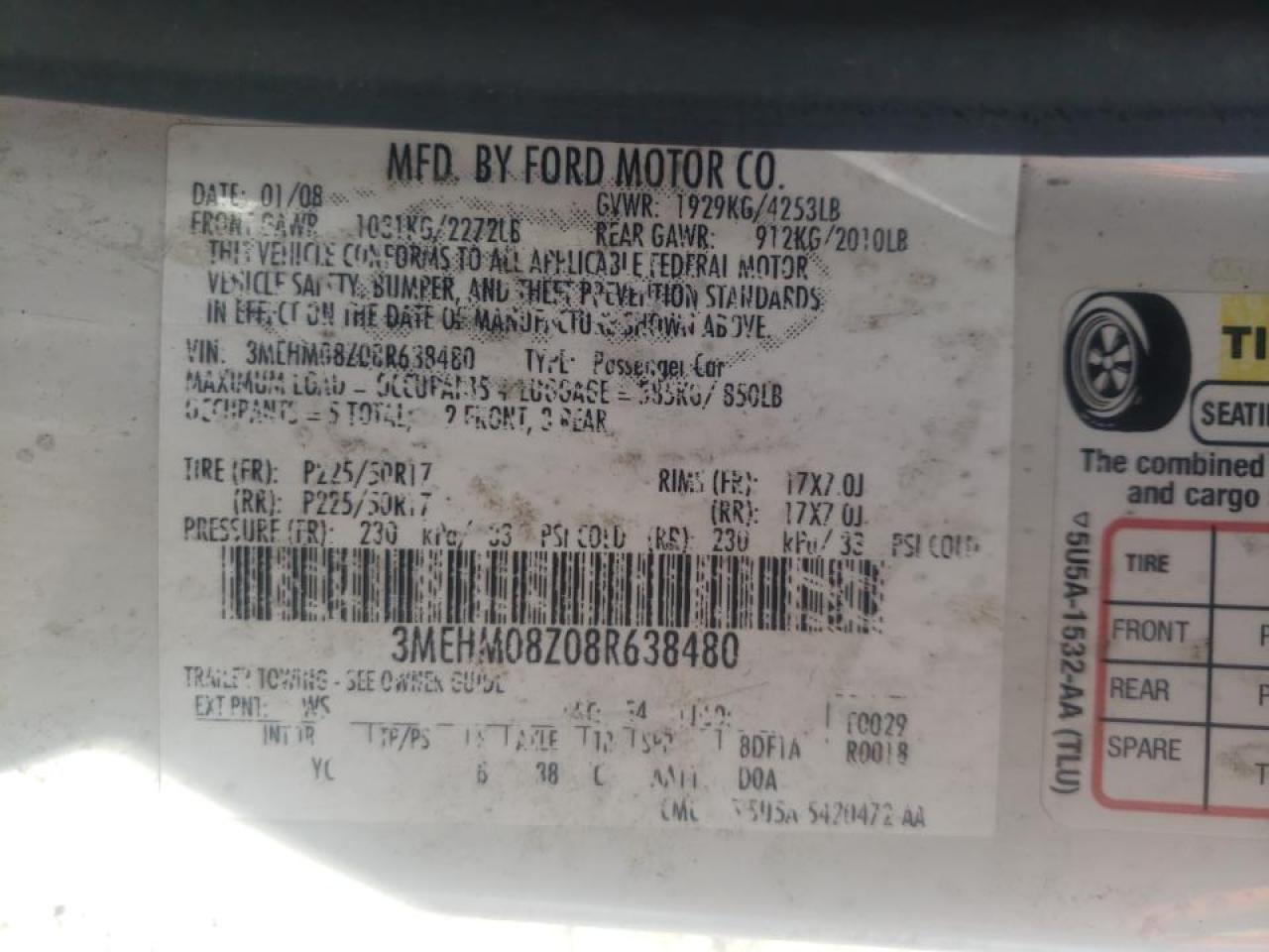 Photo 10 from auction – 2008 MERCURY MILAN PREM with VIN 3MEHM08Z08R638480