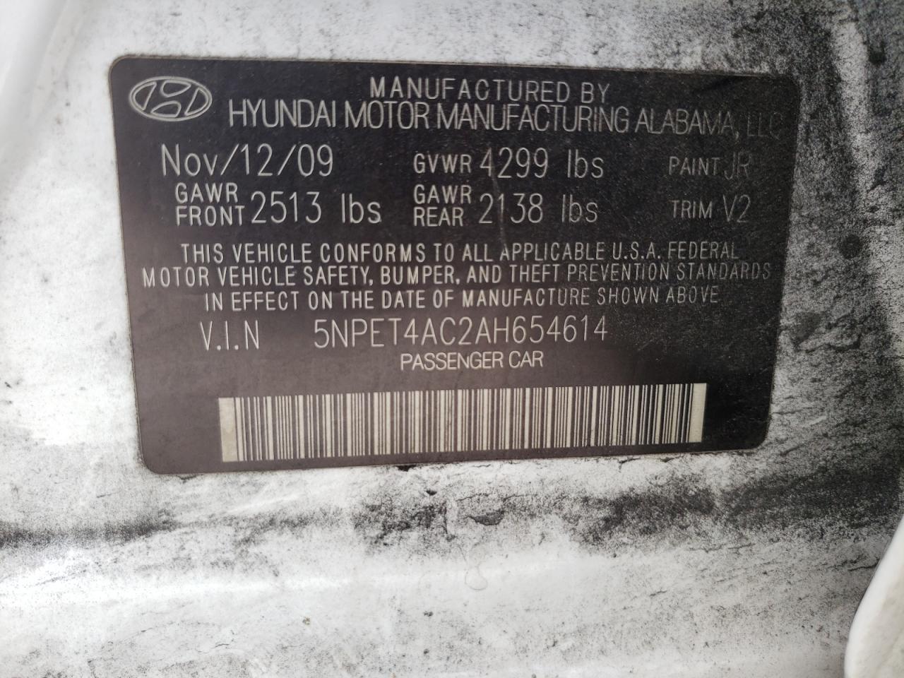 Photo 10 from auction – 2010 HYUNDAI SONATA GLS with VIN 5NPET4AC2AH654614