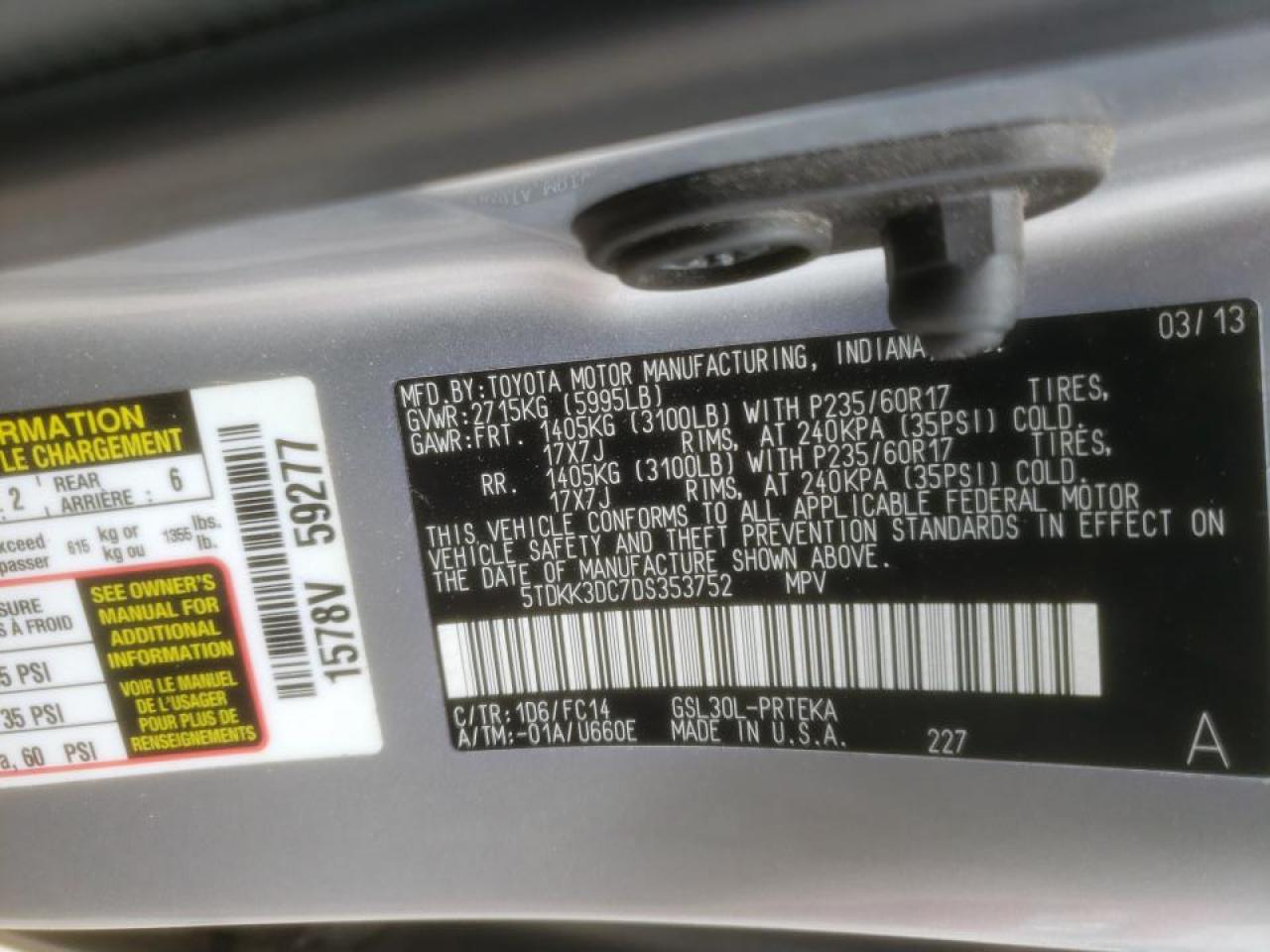 Photo 10 from auction – 2013 TOYOTA SIENNA LE with VIN 5TDKK3DC7DS353752