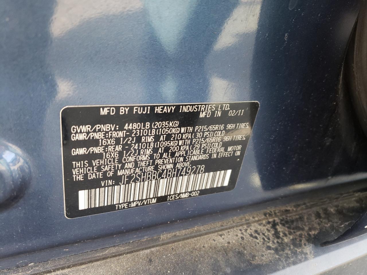 Photo 11 from auction – 2011 SUBARU FORESTER 2 with VIN JF2SHBBC4BH749278