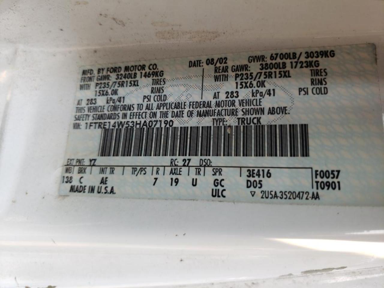 Photo 10 from auction – 2003 FORD ECONOLINE with VIN 1FTRE14W53HA07190