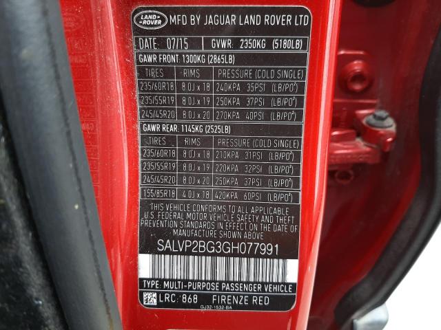 Photo 10 from auction – 2016 LAND ROVER RANGE ROVE with VIN SALVP2BG3GH077991