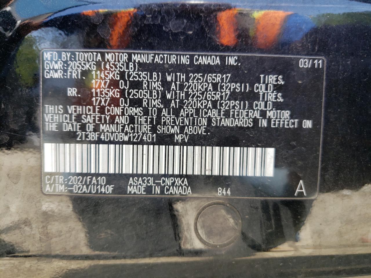 Photo 11 from auction – 2011 TOYOTA RAV4 with VIN 2T3BF4DV0BW127401
