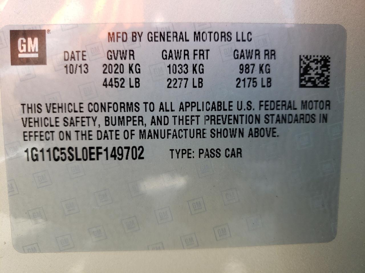 Photo 10 from auction – 2014 CHEVROLET MALIBU 1LT with VIN 1G11C5SL0EF149702