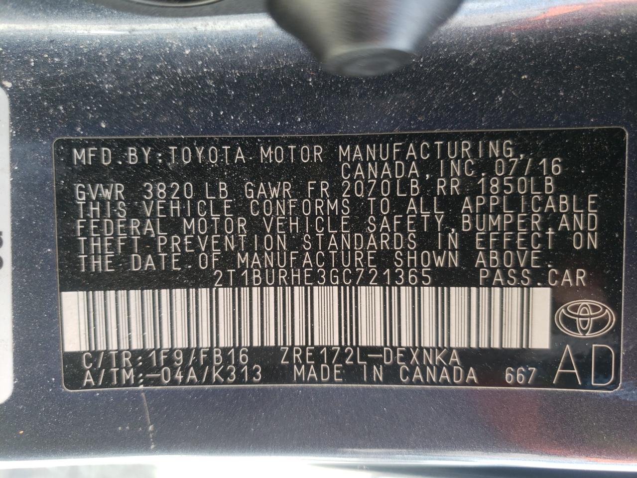 Photo 10 from auction – 2016 TOYOTA COROLLA L with VIN 2T1BURHE3GC721365