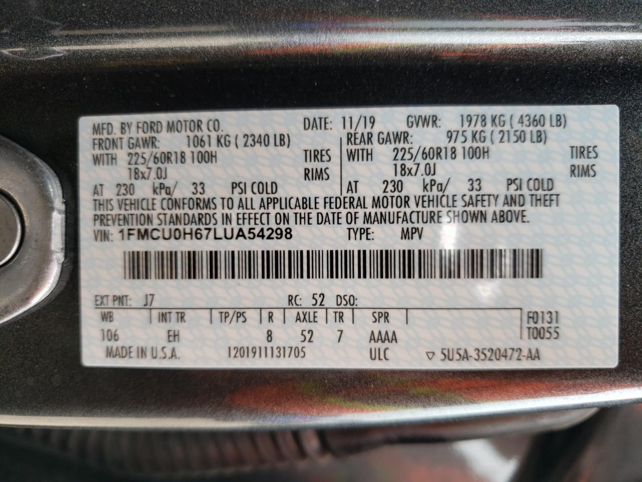 Photo 10 from auction – 2020 FORD ESCAPE SEL with VIN 1FMCU0H67LUA54298