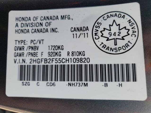 Photo 10 from auction – 2012 HONDA CIVIC LX with VIN 2HGFB2F55CH109820