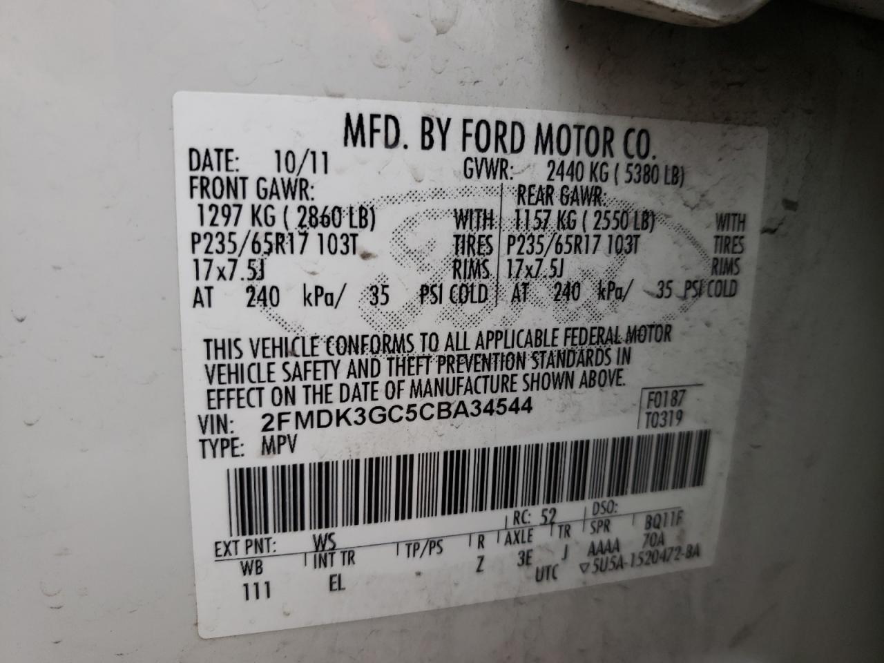 Photo 10 from auction – 2012 FORD EDGE SE with VIN 2FMDK3GC5CBA34544