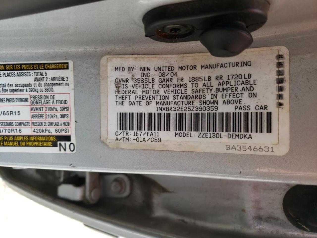 Photo 10 from auction – 2005 TOYOTA COROLLA CE with VIN 1NXBR32E25Z390359