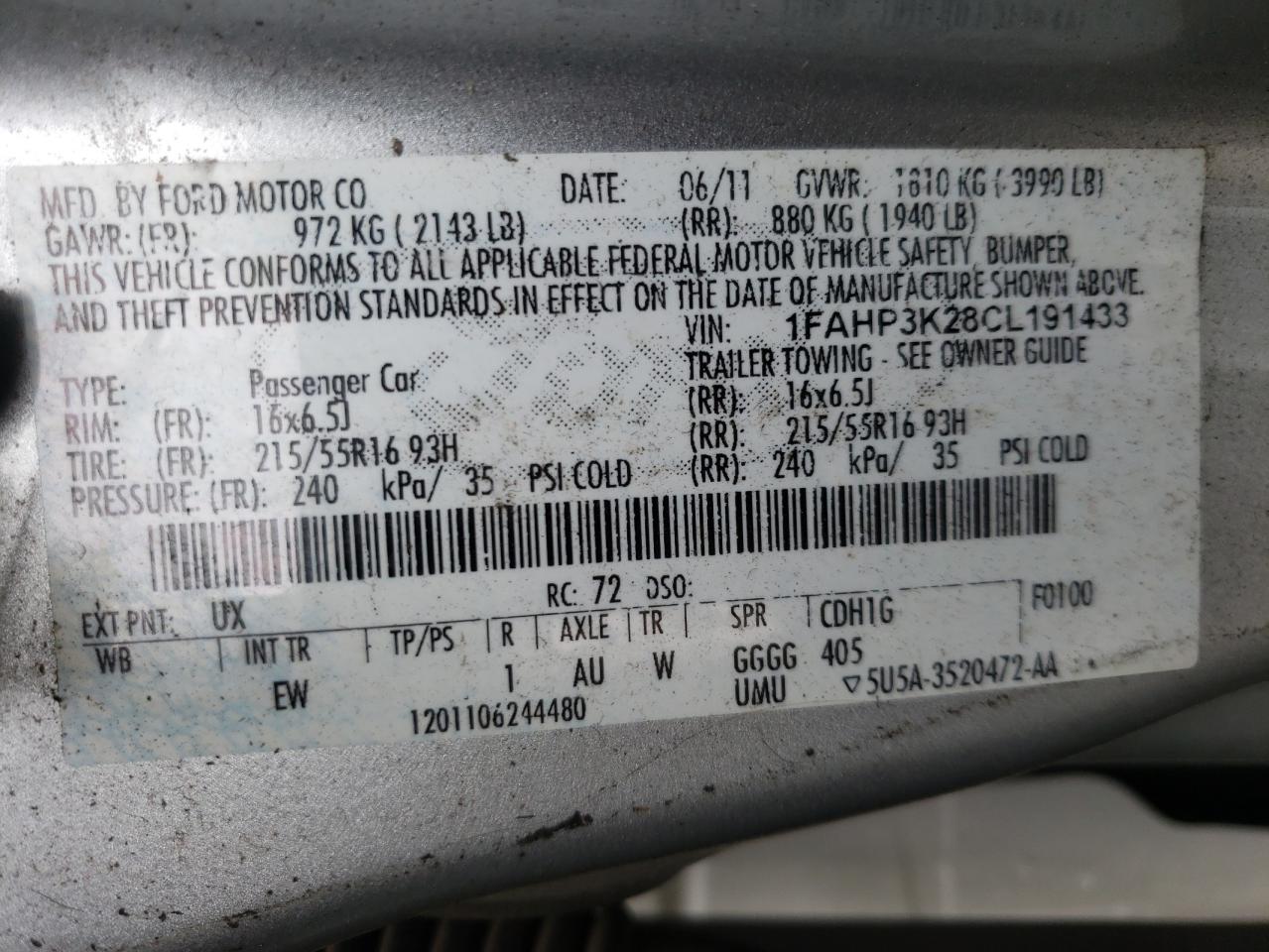 Фото 10 с аукциона – 2012 FORD FOCUS SE с VIN 1FAHP3K28CL191433