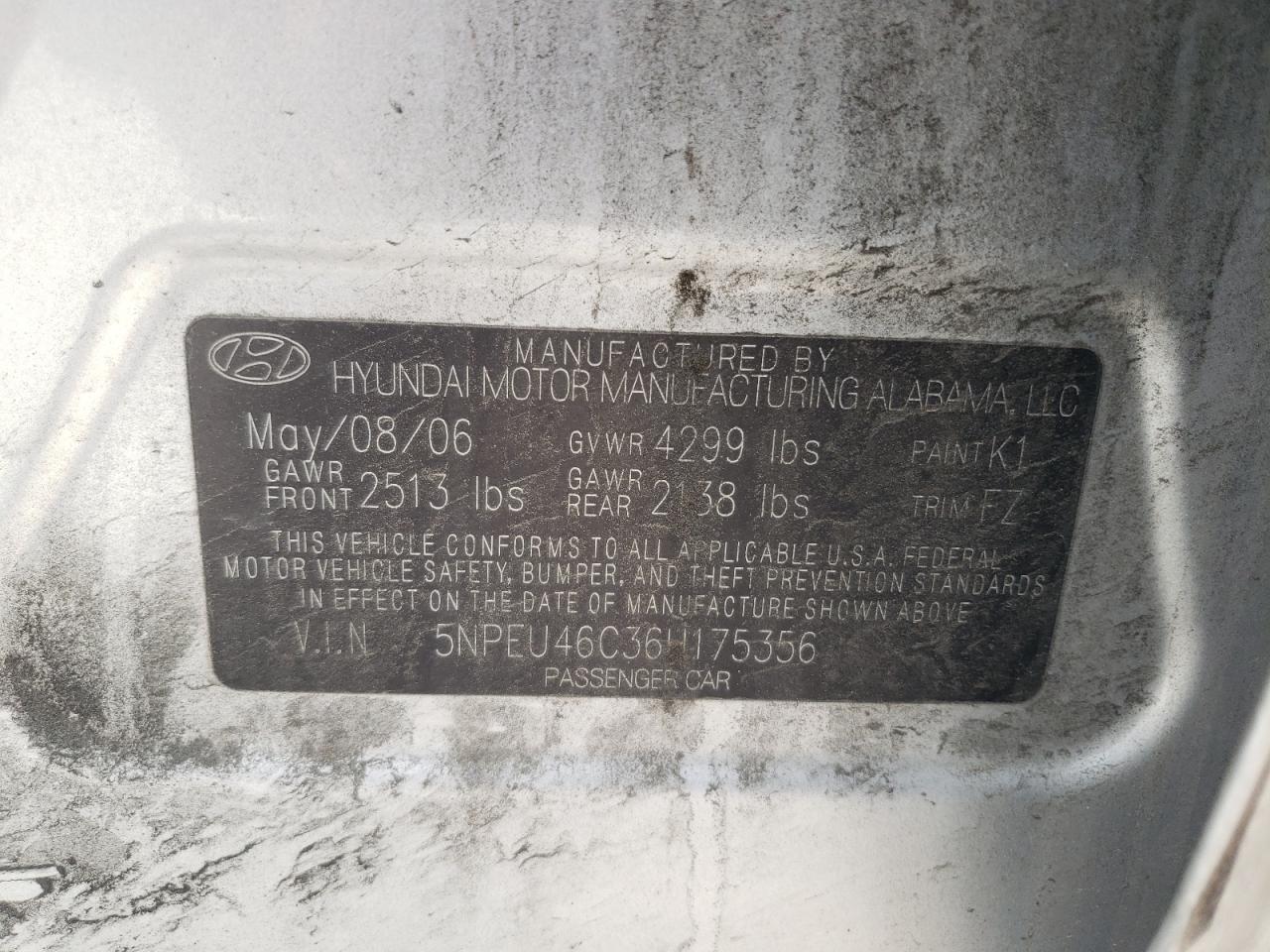 Photo 10 from auction – 2006 HYUNDAI SONATA GLS with VIN 5NPEU46C36H175356
