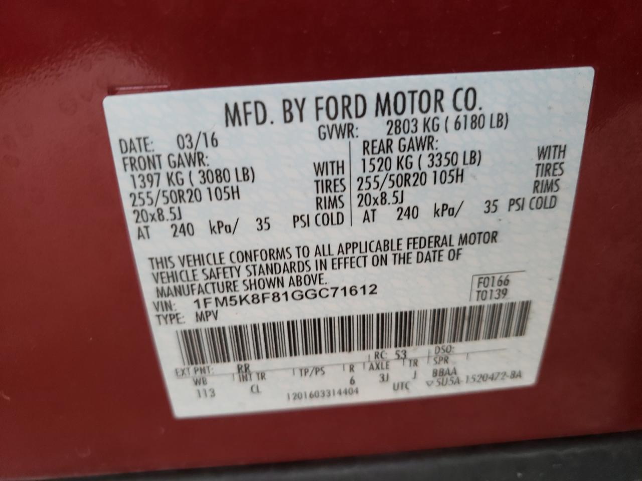 Photo 10 from auction – 2016 FORD EXPLORER L with VIN 1FM5K8F81GGC71612