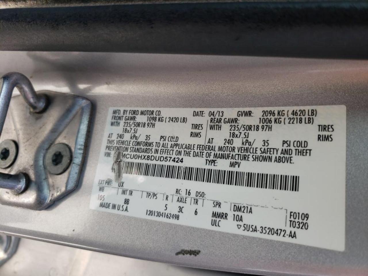 Photo 10 from auction – 2013 FORD ESCAPE SEL with VIN 1FMCU0HX8DUD57424