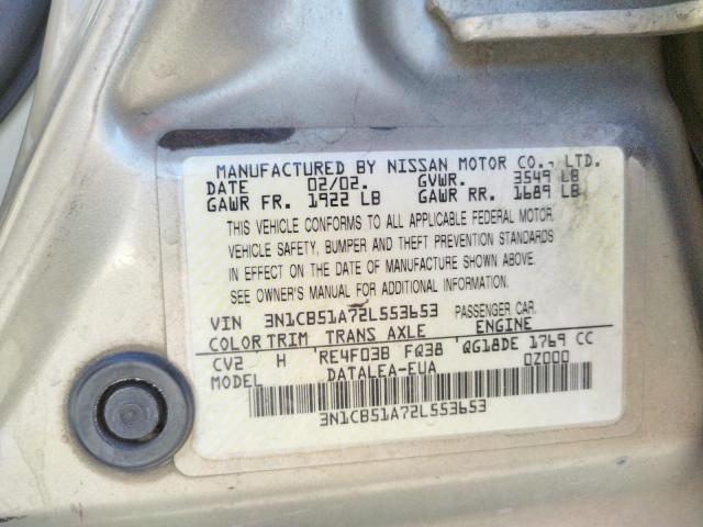Photo 10 from auction – 2002 NISSAN SENTRA GXE with VIN 3N1CB51A72L553653
