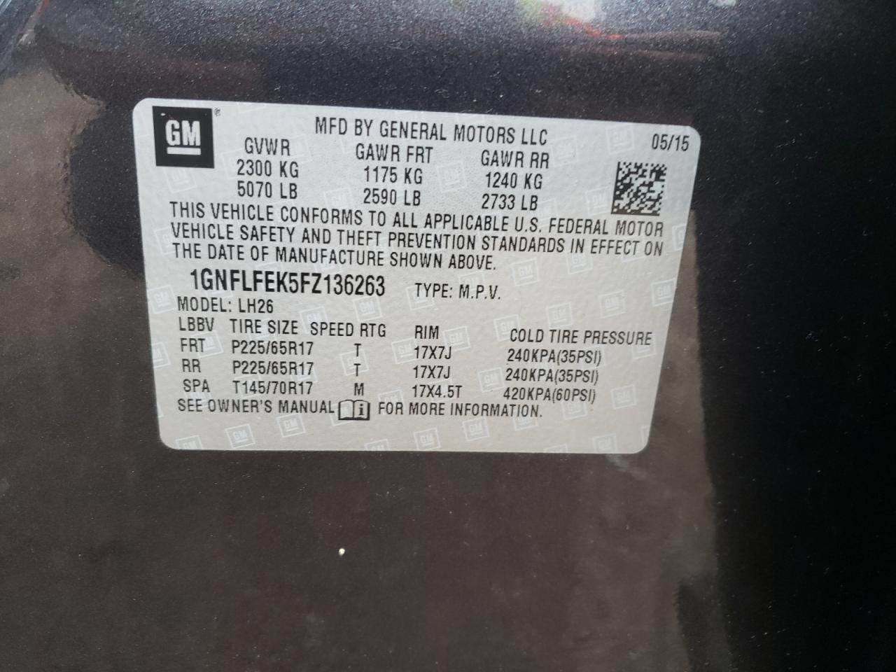 Photo 10 from auction – 2015 CHEVROLET EQUINOX LT with VIN 1GNFLFEK5FZ136263