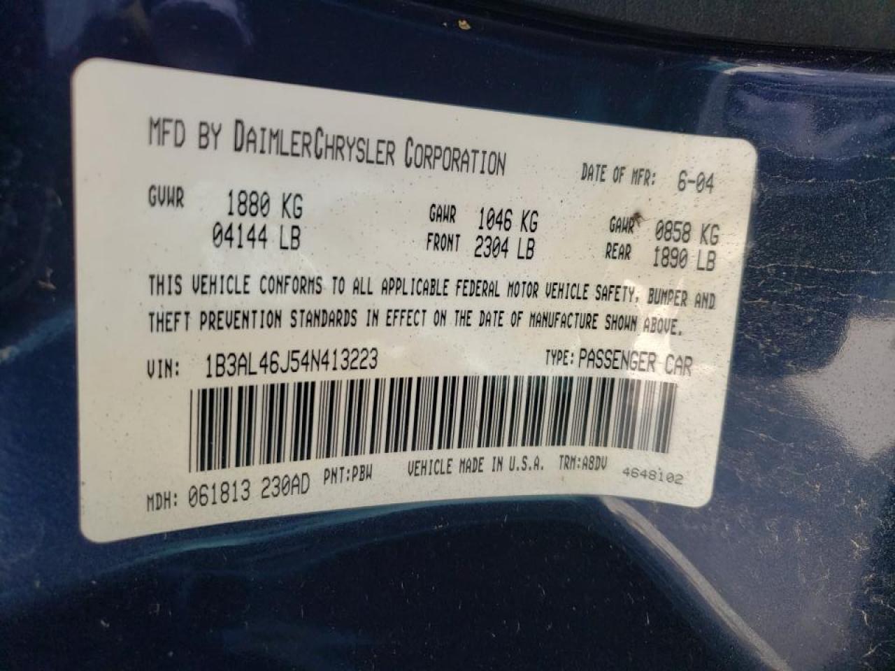 Photo 10 from auction – 2004 DODGE STRATUS SX with VIN 1B3AL46J54N413223