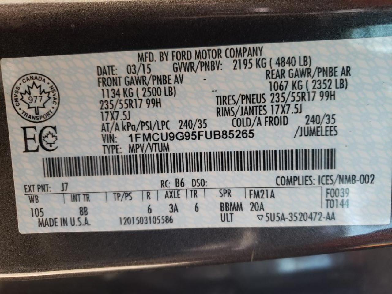Photo 10 from auction – 2015 FORD ESCAPE SE with VIN 1FMCU9G95FUB85265