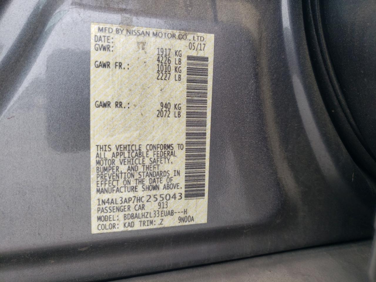 Photo 10 from auction – 2017 NISSAN ALTIMA 2.5 with VIN 1N4AL3AP7HC255043