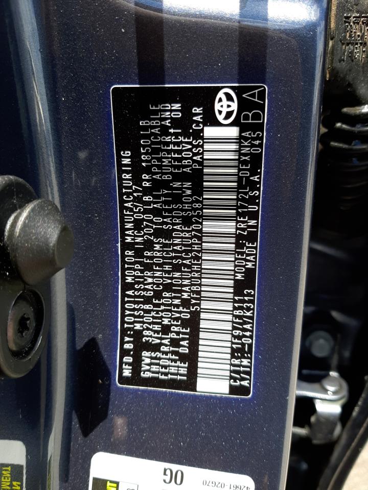 Photo 10 from auction – 2017 TOYOTA COROLLA L with VIN 5YFBURHE2HP702582