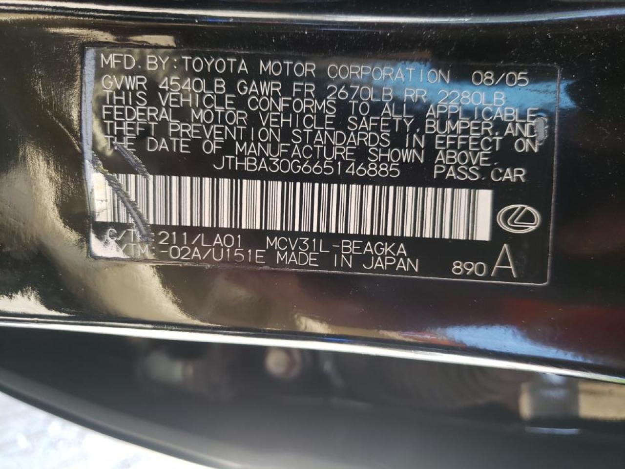 Photo 10 from auction – 2006 LEXUS ES 330 with VIN JTHBA30G665146885