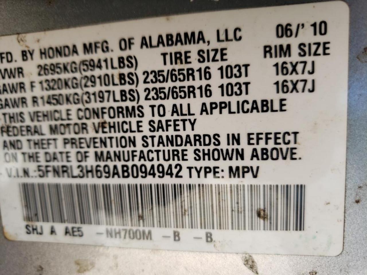 Photo 20 from auction – 2010 HONDA ODYSSEY EX with VIN 5FNRL3H69AB094942