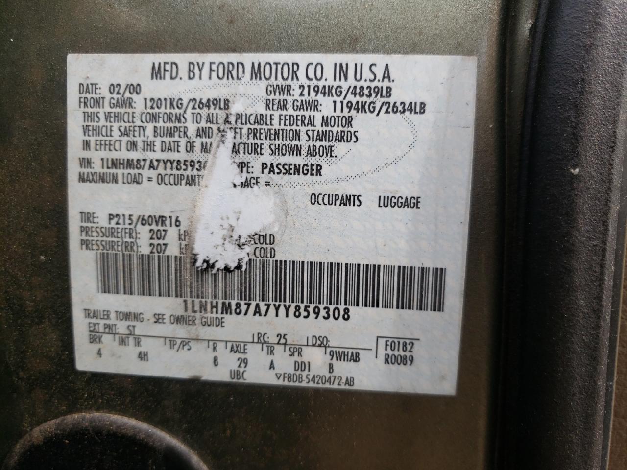 Photo 10 from auction – 2000 LINCOLN LS with VIN 1LNHM87A7YY859308