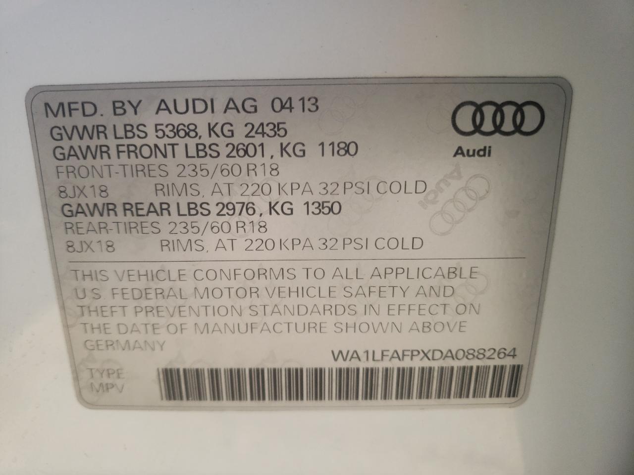 Photo 10 from auction – 2013 AUDI Q5 PREMIUM with VIN WA1LFAFPXDA088264