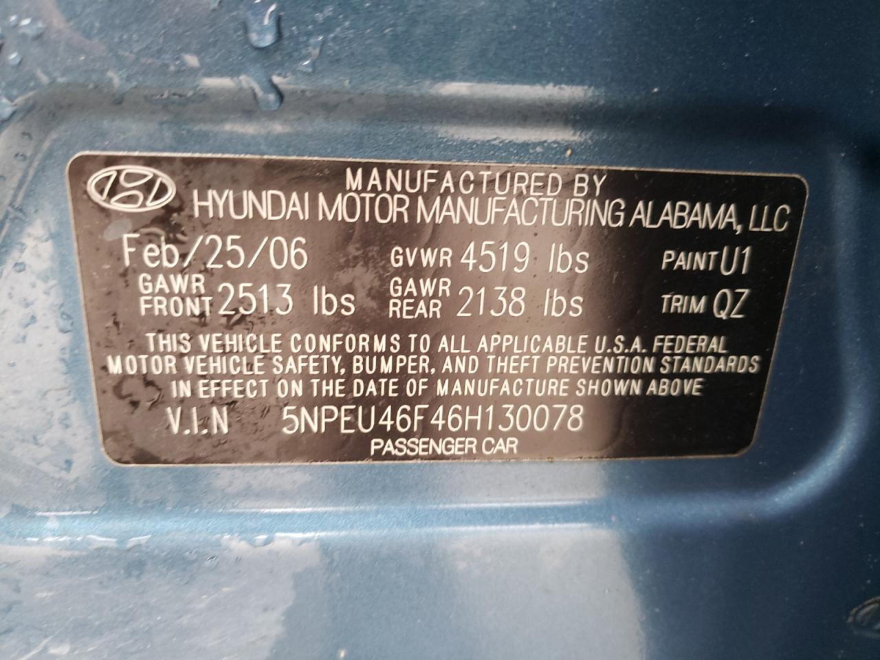 Photo 10 from auction – 2006 HYUNDAI SONATA GLS with VIN 5NPEU46F46H130078