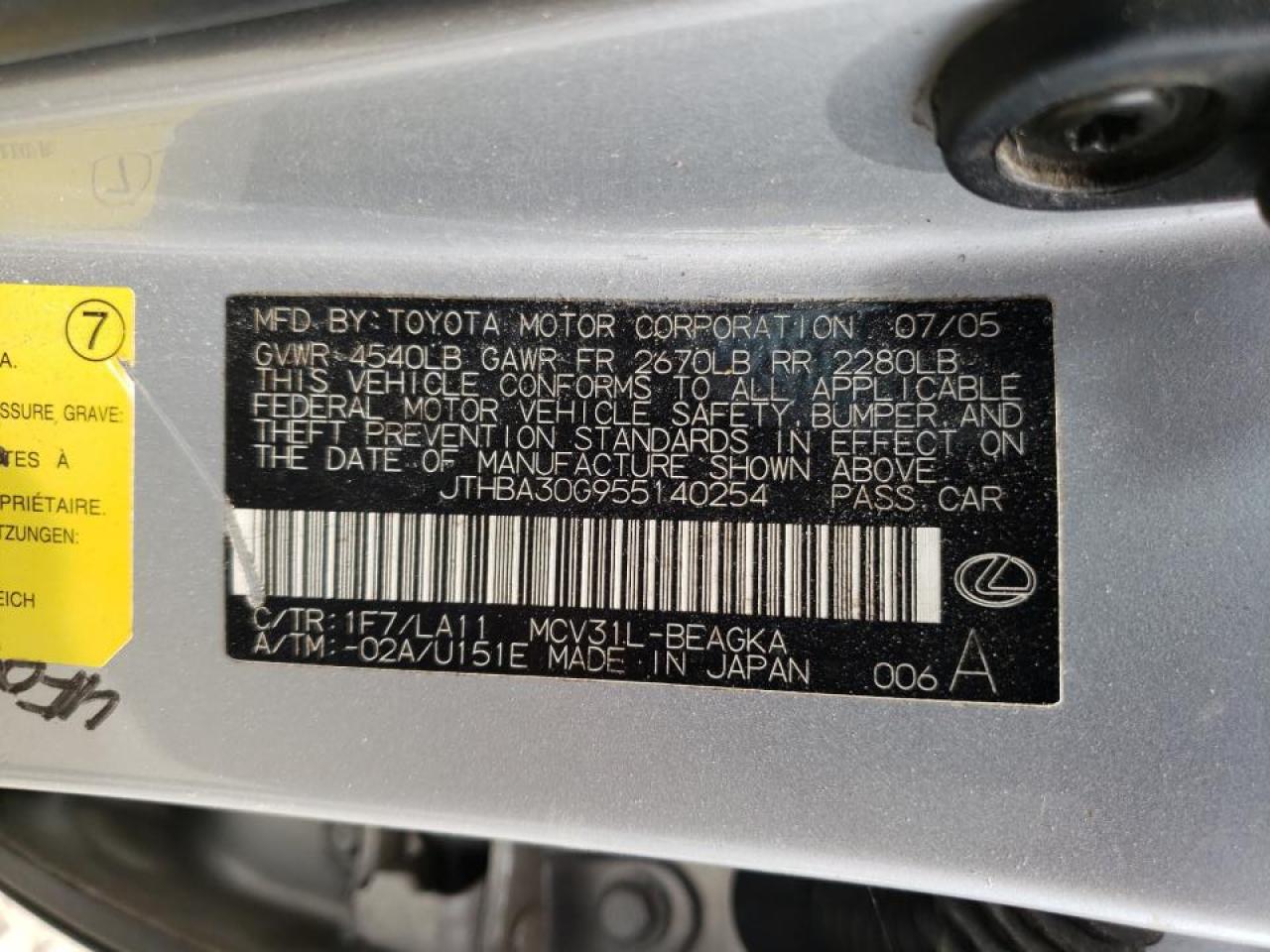 Photo 10 from auction – 2005 LEXUS ES 330 with VIN JTHBA30G955140254