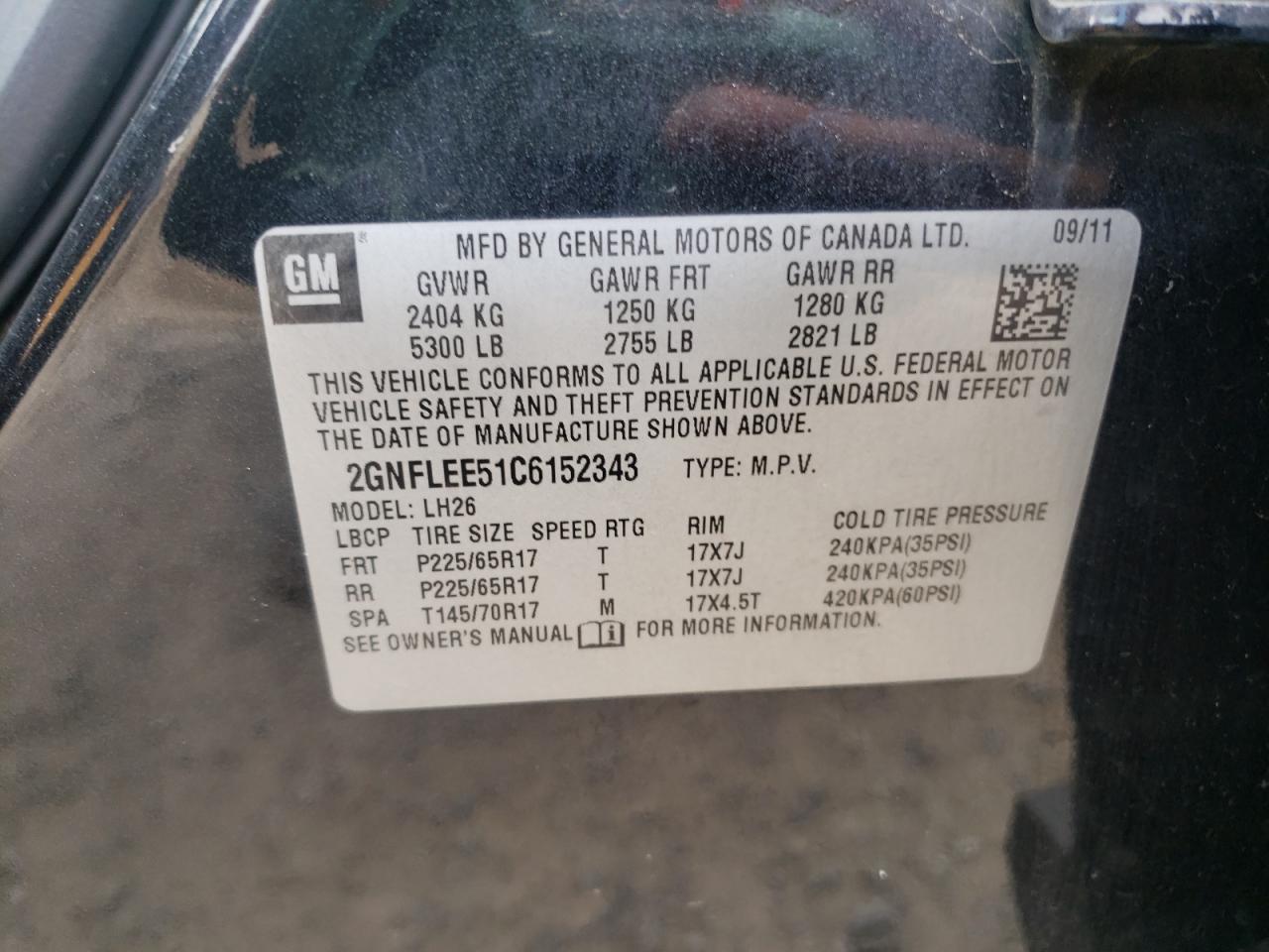 Photo 10 from auction – 2012 CHEVROLET EQUINOX LT with VIN 2GNFLEE51C6152343