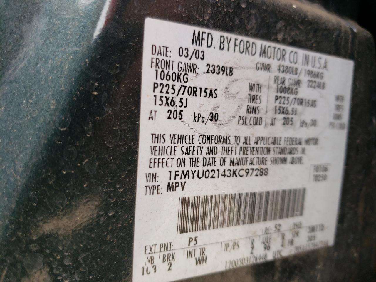 Photo 10 from auction – 2003 FORD ESCAPE XLS with VIN 1FMYU02143KC97288