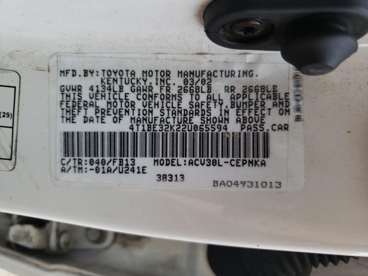 Photo 10 from auction – 2002 TOYOTA CAMRY LE with VIN 4T1BE32K22U065594