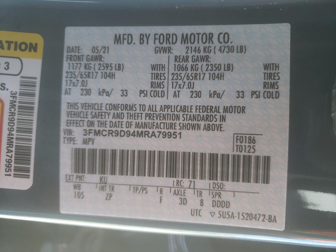 Photo 10 from auction – 2021 FORD BRONCO SPO with VIN 3FMCR9D94MRA79951
