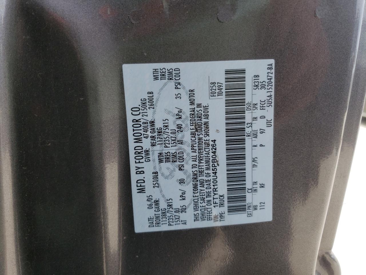 Zdjęcie 10 z aukcji – 2005 FORD RANGER z VIN 1FTYR10U45PB04264