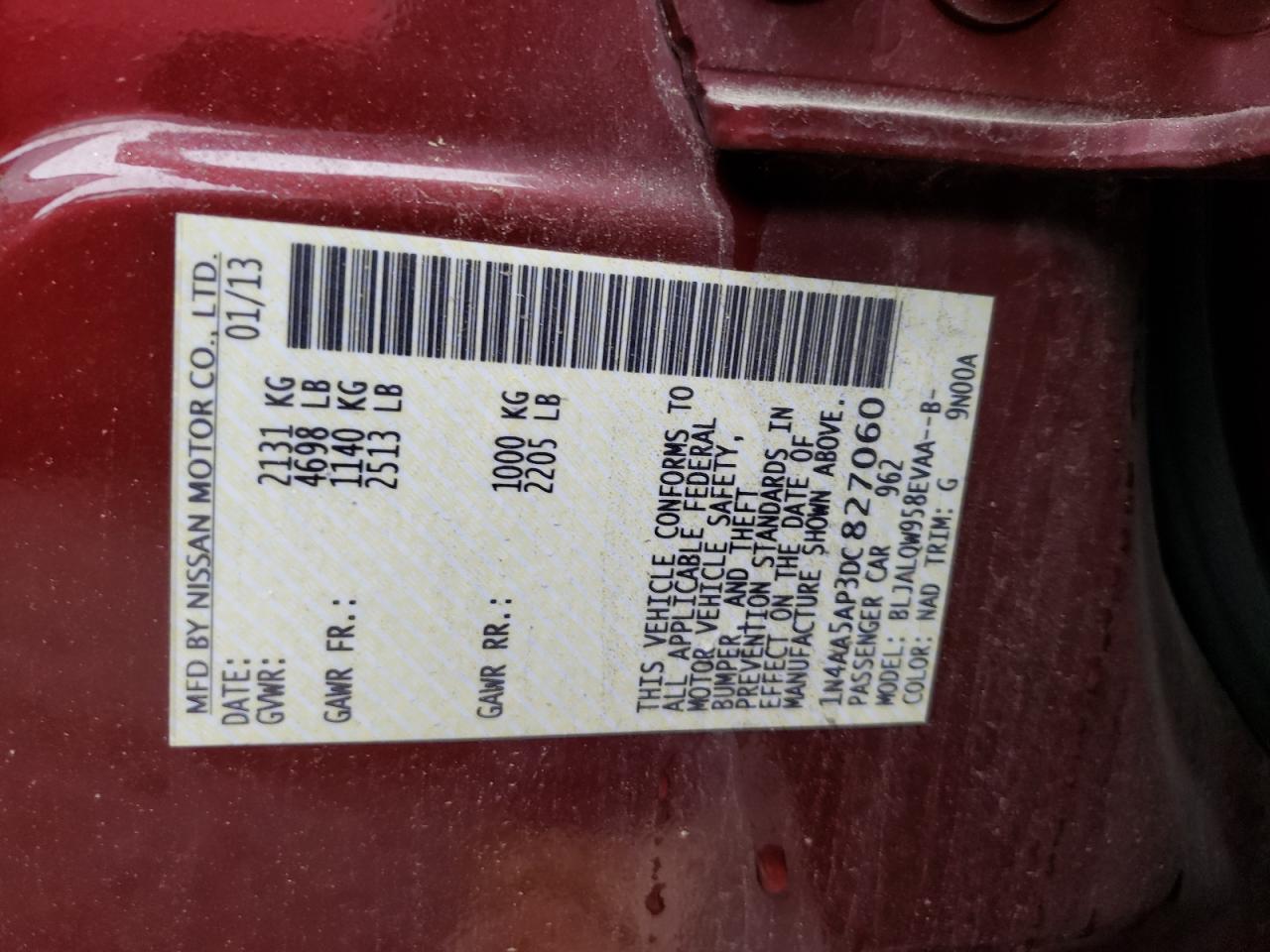 Photo 10 from auction – 2013 NISSAN MAXIMA S with VIN 1N4AA5AP3DC827060