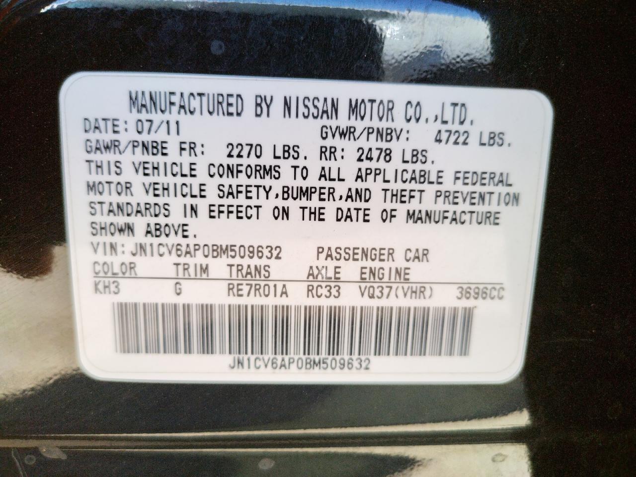 Photo 10 from auction – 2011 INFINITI G37 BASE with VIN JN1CV6AP0BM509632
